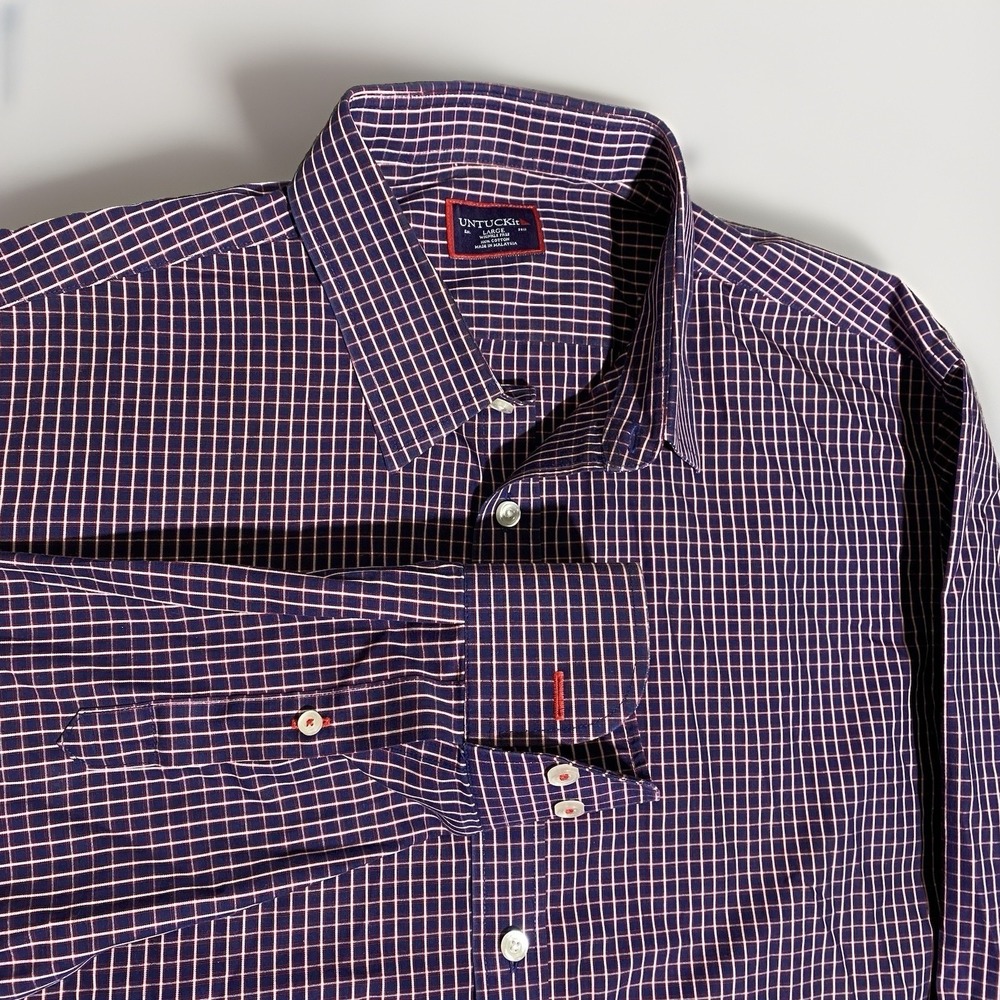 Untuckit Mens Long Sleeve Button Up Dress Shirt Large Blue Red Gingham Check